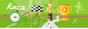Winning athlete female crosses the finish line. Athletic woman running on track. Concept with item icons in flat design