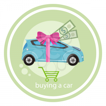 Buying car concept. Gift car and red ribbon with dollars money in flat design cartoon style on stylish background