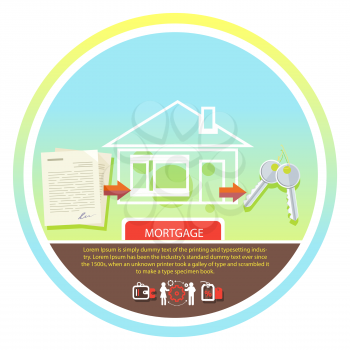 Approved mortgage loan application with house key and home. Concept in flat design cartoon style on stylish background