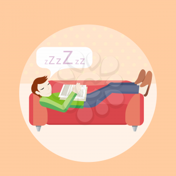 Man sleeping on sofa. Household series. Concept in cartoon style