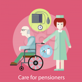 Nurse taking care of senior patient in wheelchair. Concept of care for pensioners in flat design style. Can be used for web banners, marketing and promotional materials, presentation templates