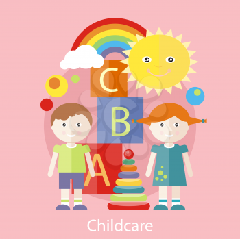 Kids playing construction in the room. Concept of childcare in flat design style. Can be used for web banners, marketing and promotional materials, presentation templates