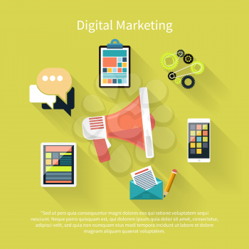 Digital marketing concept. Megaphone surrounded by media icons. Flat design stylish megaphone with application icons