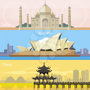 Sydney Opera House in Australian, chinese-style buildings near the river in China and Taj Mahal building in India. Consepts in flat design on banners