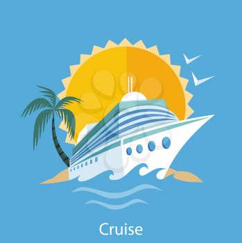 Cruise ship in clear blue water with palm tree. Water tourism. Icons of traveling, planning summer vacation, tourism. For web banners, marketing and promotional materials, presentation templates 