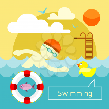 Young man swimming the front crawl in a pool in flat design. Can be used for web banners, marketing and promotional materials, presentation templates 