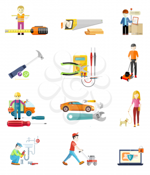 Icons set of hand saw set for wood. Man, person with toolbox and wrench in hands. Male worker showing folding ruler roulette. Plumbing work. Man moves with lawnmower. Electrical work. 