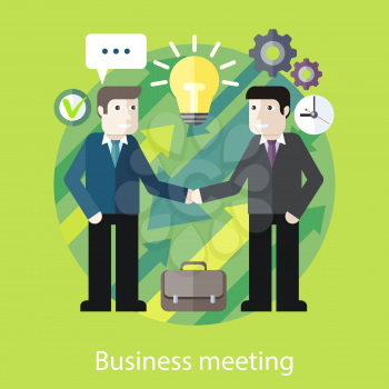 Concept of reason for a business meeting. Exchange of ideas. Two businessmen are talking. For web design, analytics, graphic design, in flat design style.