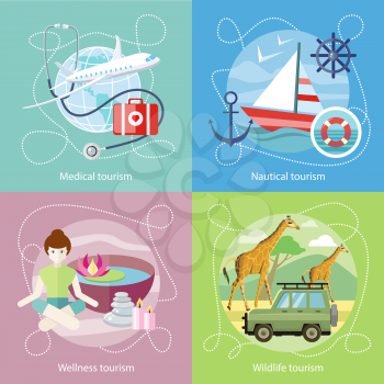 Wildlife Tourism. Wellness tourism. Flat design style modern concept of medical services abroad, along with the rest. Sailing vessel in clear blue water. Nautical tourism