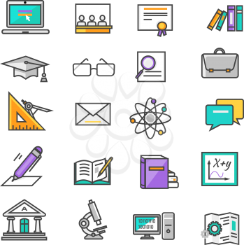 Set of thin lines, outline icons education. Items for study ruler, pencil, microscope, backpack, computer, books, glasses on white background. For web and mobile applications 