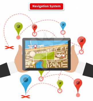 Hands hold smartphone with map of imaginary city with GPS icon and pin template of navigation system. Delivery concept on white background in flat cartoon design style.