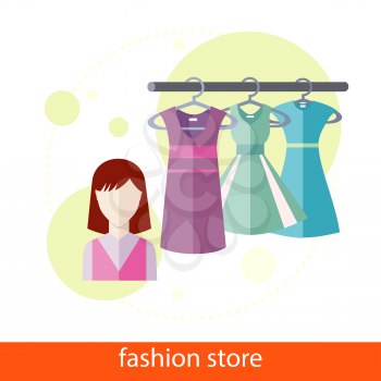 Set of summer and autumn dresses clothes for office in fashion store. Concept in flat design. Icons on white background