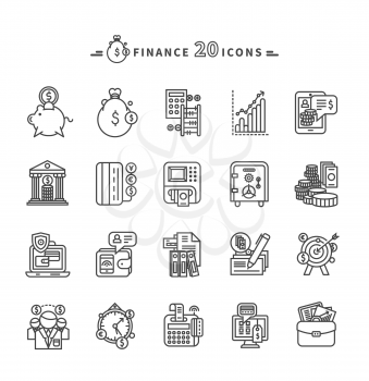 Set of black finance thin, lines, outline icons. Items for investment, economy, account, balance, planning, management on white background. For web and mobile applications 