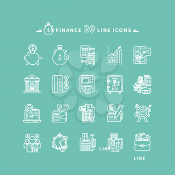 Set of white finance thin, lines, outline icons. Items for investment, economy, account, balance, planning, management on green background. For web and mobile applications 