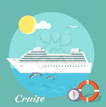 Cruise ship in blue water with dolphins. Water tourism. Icons of traveling, planning summer vacation, tourism. For web banners, marketing and promotional materials, presentation templates 