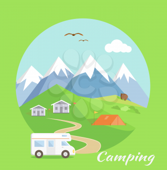 Camping tent near the mountains in the background. Motorhome car traveling on the road to the mountains. Can be used for web banners, marketing and promotional materials, presentation templates 