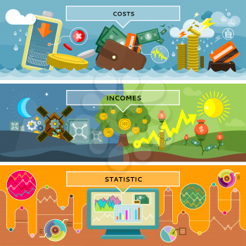 Finance statistic costs and incomes. Money and business, profit and investment, growth cash, banking currency, pay and market, bookkeeping report, accounting and credit illustration