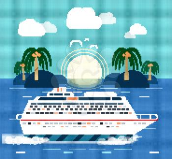 Cruise ship near island. Water tourism. Icons of traveling, planning a summer vacation, tourism and journey objects. Halftone pattern, dots, halftone background, halftone dots, grunge, grunge halftone