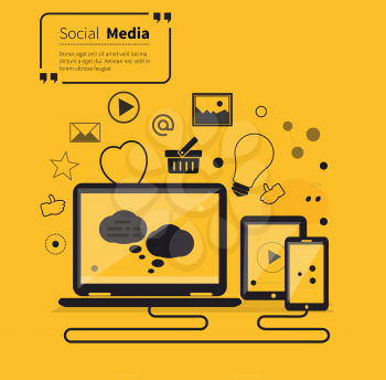 Social networks media online flat style. Communication internet, technology global, website and chat, computer service, society link, smartphone laptop, quotation and inspire and tablet illustration