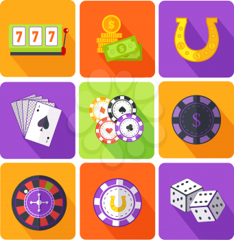 Set of icons gambling games flat style. Casino and slot machine, poker game, dice and roulette, las vegas, vegas and playing cards, win and play, gamble leisure, fortune and risk illustration