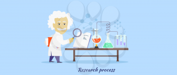 Research process icon flat isolated. Discovery and reaction, chemistry science, processing development, search data and innovation, organization develop, magnifier and invention illustration