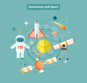 Astronomy and space web page design. Astrology and star, telescope and galaxy, astronomer and planet, science and universe, technology and spaceship, spacecraft illustration
