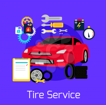 Tire service automobile flat concept. Auto car, change and balancing, repair vehicle, wheel and tool, engine  transportation, maintenance transport illustration