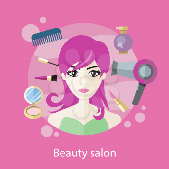 Beauty salon concept flat style design. Hair salon, beauty spa, beauty treatment, beautiful face, spa for woman, fashion female, glamour girl, face makeup illustration