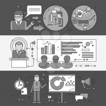 Professional master class seminar presentation. Conference and training, business communication, infographic and organization, teach and education, meeting and personnel. Set of thin, lines flat icons