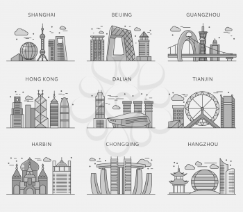 Icons Chinese major cities flat style. Shanghai and china, Beijing and Guangzhou, Hong Kong and Dalian, Tianjin and Harbin, Chongqing and Hangzhou illustration. White black