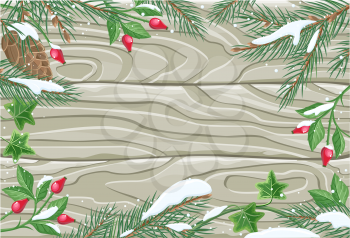 Winter frame wooden texture board. Winter background, christmas frame, winter border, decoration xmas plank, ornament fir, natural decor, decorative blank illustration