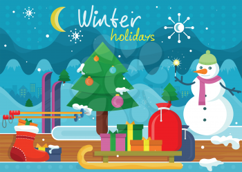 Winter holidays concept design. holiday, winter, christmas, winter wonderland, winter scene, winter background, snow and tree, snowman and celebration, sled and xmas, new year illustration