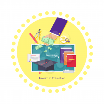 Invest in education concept icon flat design. Investment finance, management growth, development and learn, strategy planning, career and training, financial in knowledge illustration