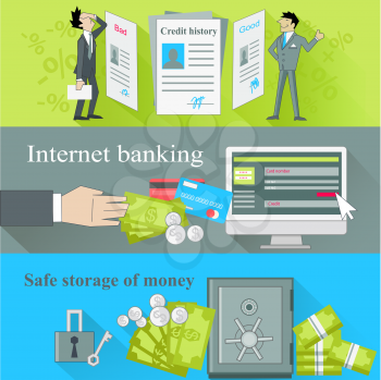 Internet banking and safe storage money. Credit history, good and bad, business financial bank, cash and loan, economy currency, dollar budget illustration