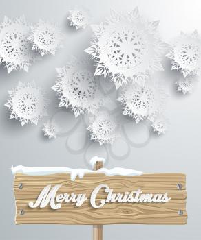 Merry Christmas board snowflake background. Wood tablet, xmas greeting, holiday celebration, winter happy december, banner celebrate, festive decorative text letter illustration