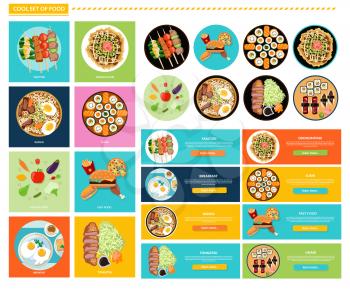 Set of different tasty dishes flat. Yakitori and okonomiyaki, sushi and unagi, ramen and tonkatsu, health and fast food, menu and kitchen illustration. Set of food banners