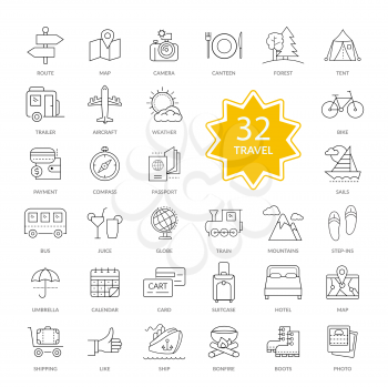 Set of 32 thin, lines, outline travel items icons. Interface icon. Travel, icons, hotel icon, transportation icons, travel logo, holiday icons, map icon. Travel line icons for web and mobile. 