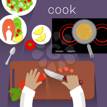Work space cook design flat concept. Cooking and kitchen, food and cooker, cookies recipe, chef cooking, space table, ingredient and preparation illustration