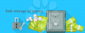 Safe storage of money design flat. Save money, bank safe, protect money, deposit and business, banking finance, wealth box, security and protection, lock and secure illustration