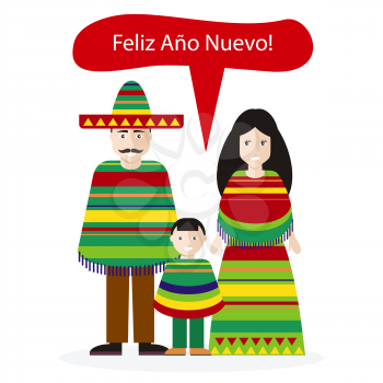 Mexicans people congratulations Happy New Year. Family man and woman, people national in sombrero wish on native language, ethnic traditional festival illustration