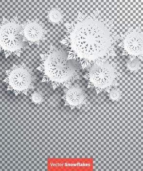 Snowflakes background for winter and New Year, christmas theme. Snow christmas, snowflake background, snowflake winter. 3D paper snowflake. Silver snowflake on transparency. Place for text transparent