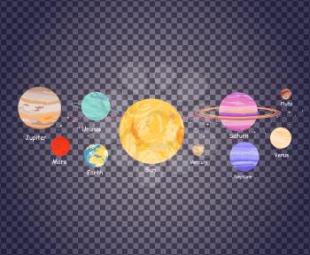 Solar system icon flat design style transparent. Earth planet, space and sun, science astronomy, galaxy and saturn, jupiter and venus, mars and mercury, uranus and neptune illustration on transparency