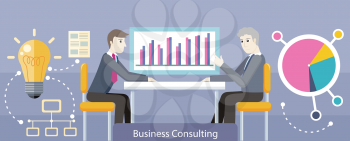 Business consulting design flat. Consulting services, business meeting, management and brainstorming, strategy teamwork, people meeting, financial team illustration