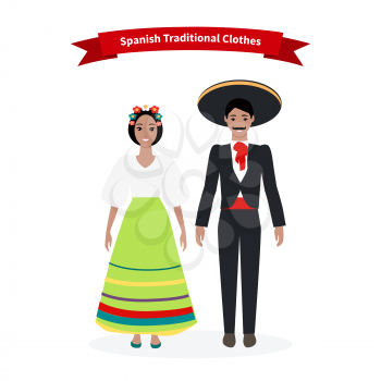 Spanish traditional clothes people. Culture and clothing, spain costume, female person, dress for girl, man and woman, happy face european illustration