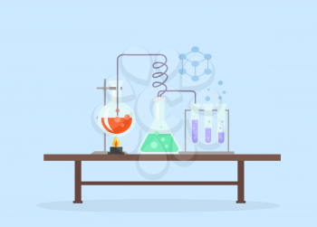 Biology laboratory workspace and science equipment concept. Medical laboratory. Chemistry laboratory workspace and science equipment concept. Laboratory research. Flat design vector. Science Day