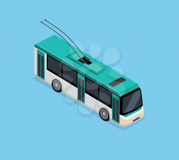 Flat 3d isometric high quality electric trolleybus. Isometric city transport icon. Vector trolleybus. Isometric trolleybus icon. Isolated trolleybus. Low floor articulated city trolleybus