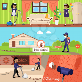 House cleaning and pest control and cleaning carpet, housework and cleaner service, domestic cleaning work, housekeeping wash and cleaning, washing and housecleaning, disinfectant pests illustration