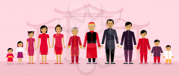 Chinese family people design flat. Chinese and family, asian family, chinese people, japanese family, people family, woman and man and child chinese family, parent person family asia illustration