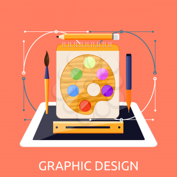 Graphic web design graphic tablet and tool. Tablet graphic, pen graphic tablet, equipment digital drawing, device pencil, monitor tablet design, workspace and paint screen graphic tablet illustration
