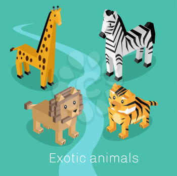 Exotic animal set isometric 3d design. Exotic and animal, animals vector, cartoon animals, lion wild, cartoon wildlife, fauna giraffe animal, mammal animal, safari zebra creature illustration